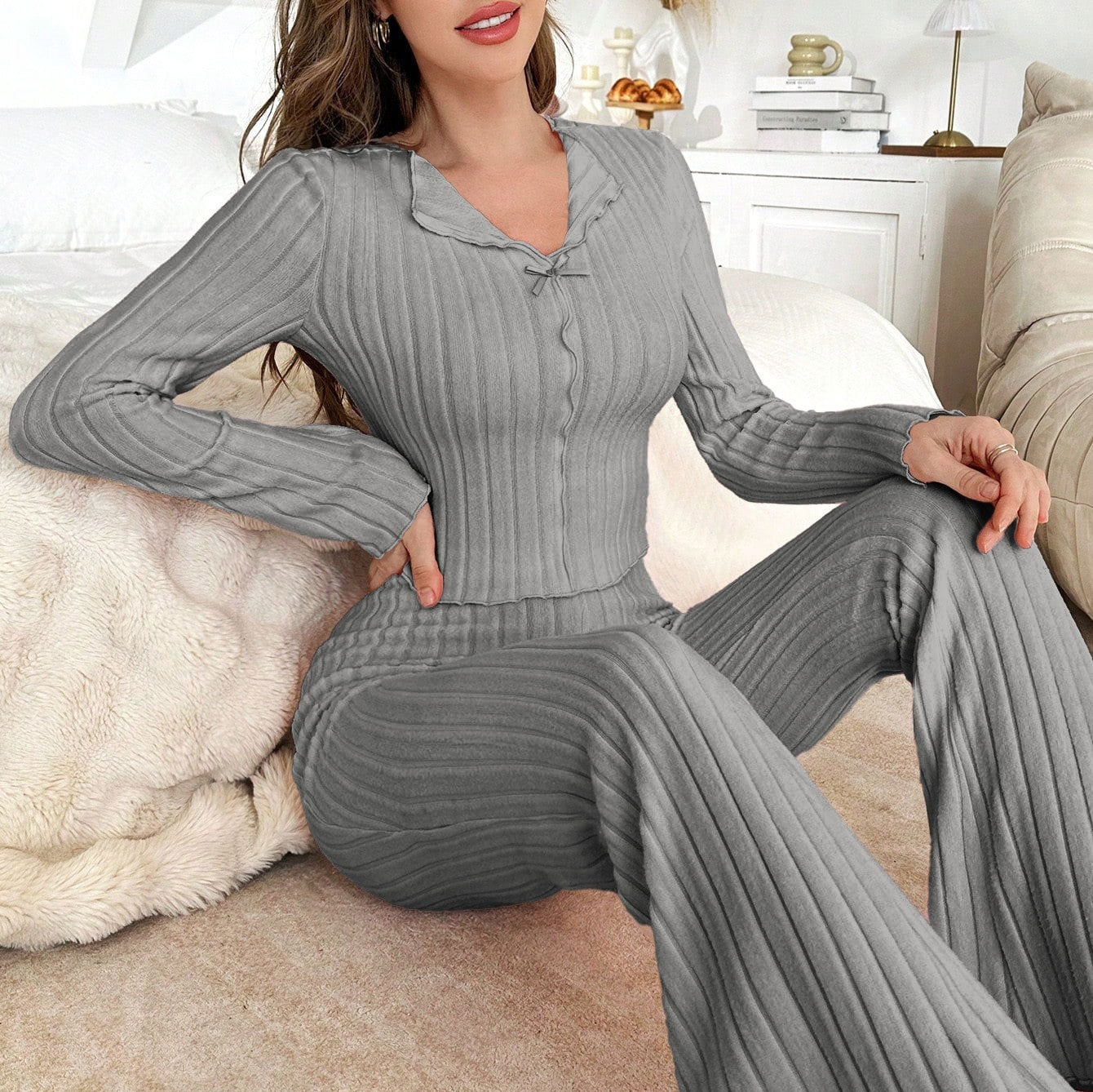 Women's Suit Lapel Bow Long Sleeve Trousers Casual Thickening